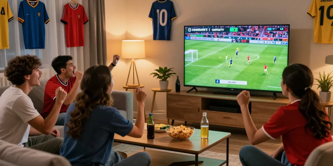 CakhiaTV live football viewing experience with friends celebrating a goal in a cozy living room.