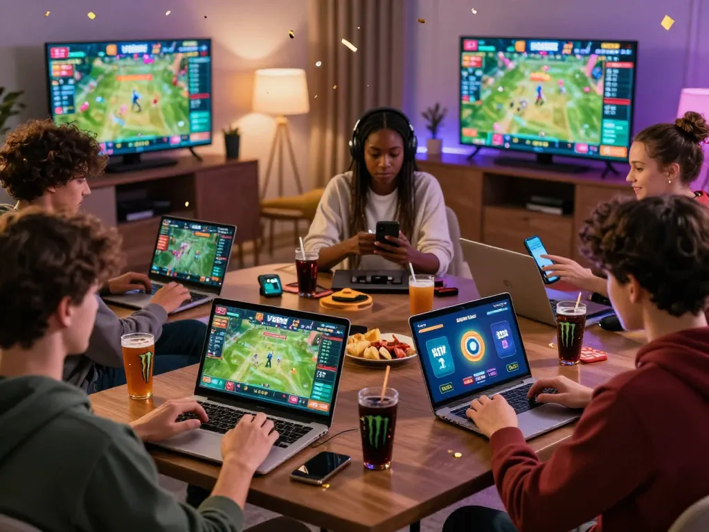 Exciting online betting experience at Vsbet with players engaged on multiple devices in a lively atmosphere.
