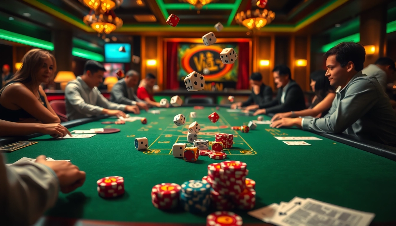 Players enjoying Tài xỉu MD5 at a dynamic casino table with colorful bets and excitement.