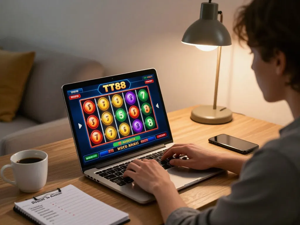 Player engaging with TT88 slots on a laptop in a stylish home office setting with strategic elements