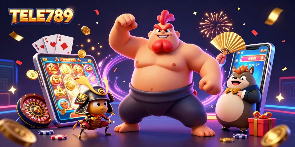 Tele789 gaming scene with a powerful sumo rooster and samurai cricket, dynamic casino elements.
