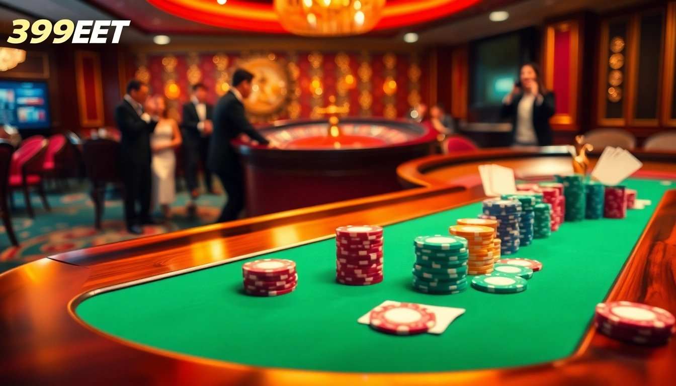 Exciting casino atmosphere at 399BET featuring poker chips, roulette wheel, and dynamic players engaged in thrilling gameplay.