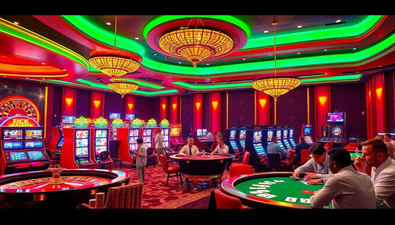 Players enjoying a thrilling casino experience at Thabet77, featuring vibrant gaming tables and luxury vibes.