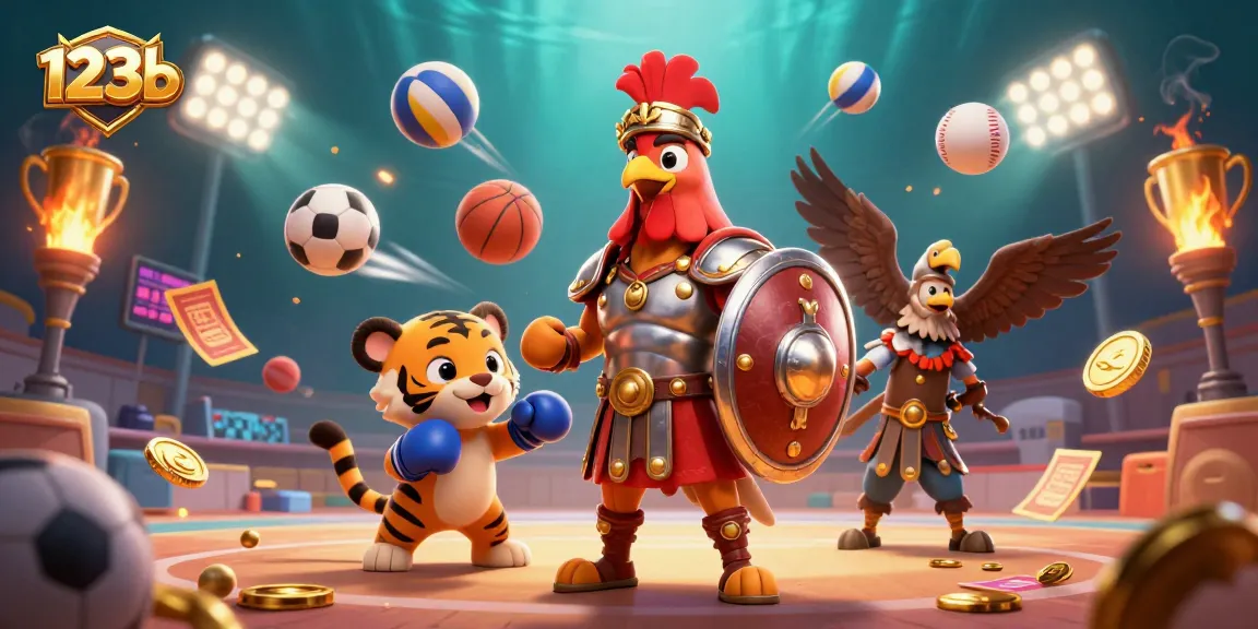 Engage in thrilling gameplay at 123b with a dynamic backdrop of a gladiatorial rooster and sports elements.