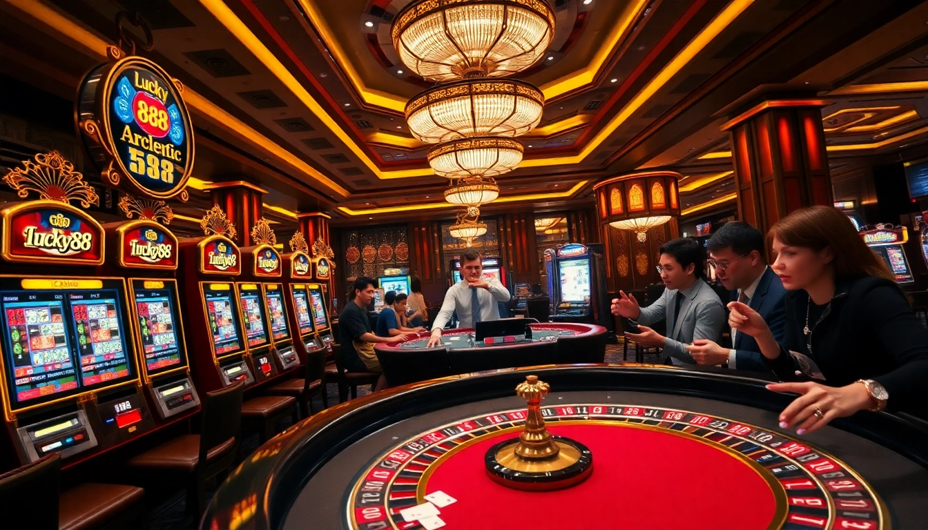 Players enjoying the excitement of Lucky88 slot machines in a luxurious casino setting.