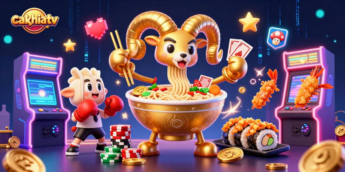 Cakhiatv features a golden ramen bowl character dealing cards and chips in a vibrant casino scene.