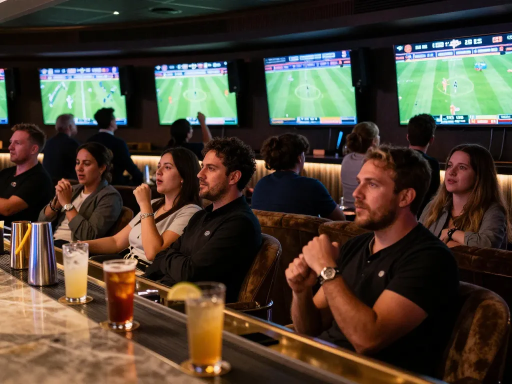 Engaged bettors placing wagers on real-time odds at keonhacaii88's upscale sports betting lounge
