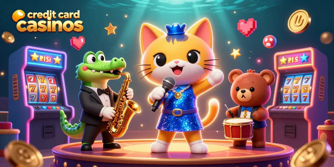 Experience the vibrant world of credit card casinos with a singing cat and musical friends in a lively casino setting.
