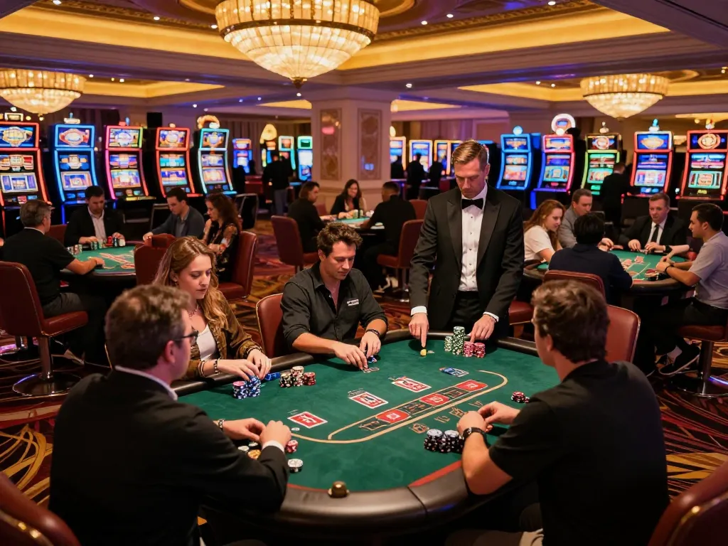 Engage in strategic blackjack gameplay at 5679 casino table with vibrant atmosphere.
