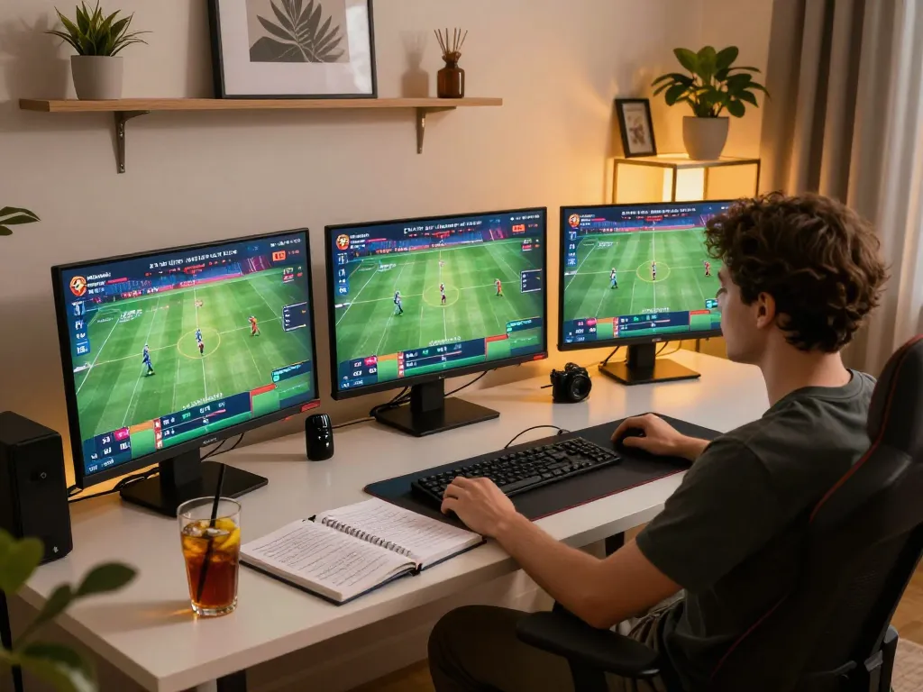 Engaging in sports betting on rr88 with multiple screens displaying live matches.