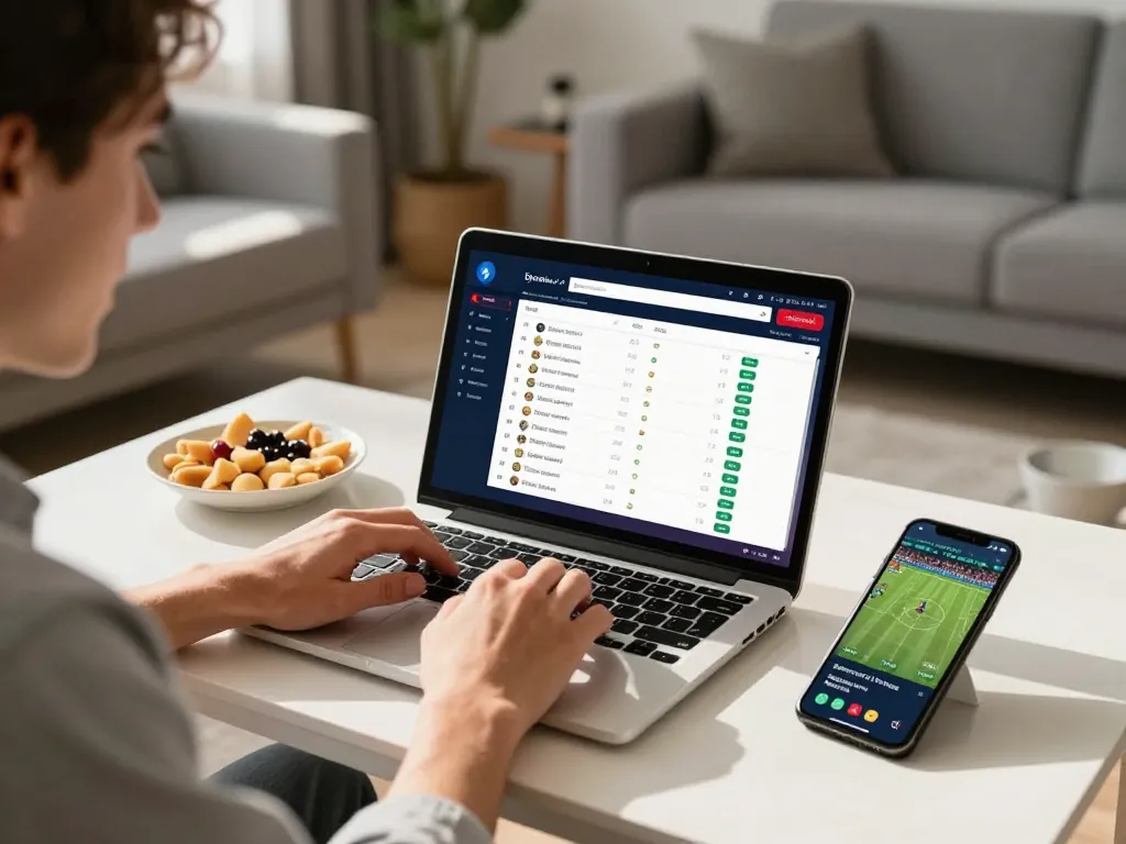 Engaging sports betting on https://n188.build/ with laptop and smartphone in a modern home setting.