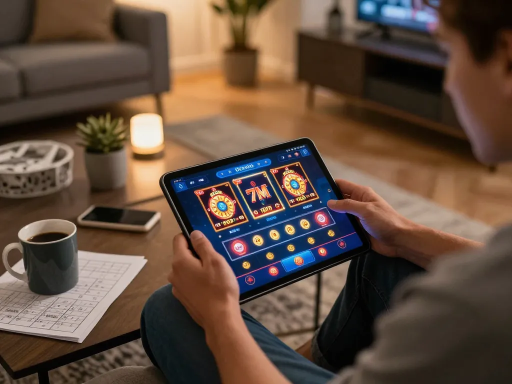 Engaging with the 7M casino app on a tablet in a cozy home setting for online gambling