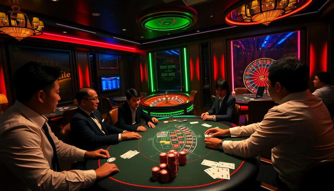 Engaged players at a thrilling poker table highlighting the 77bet experience in a luxurious casino.