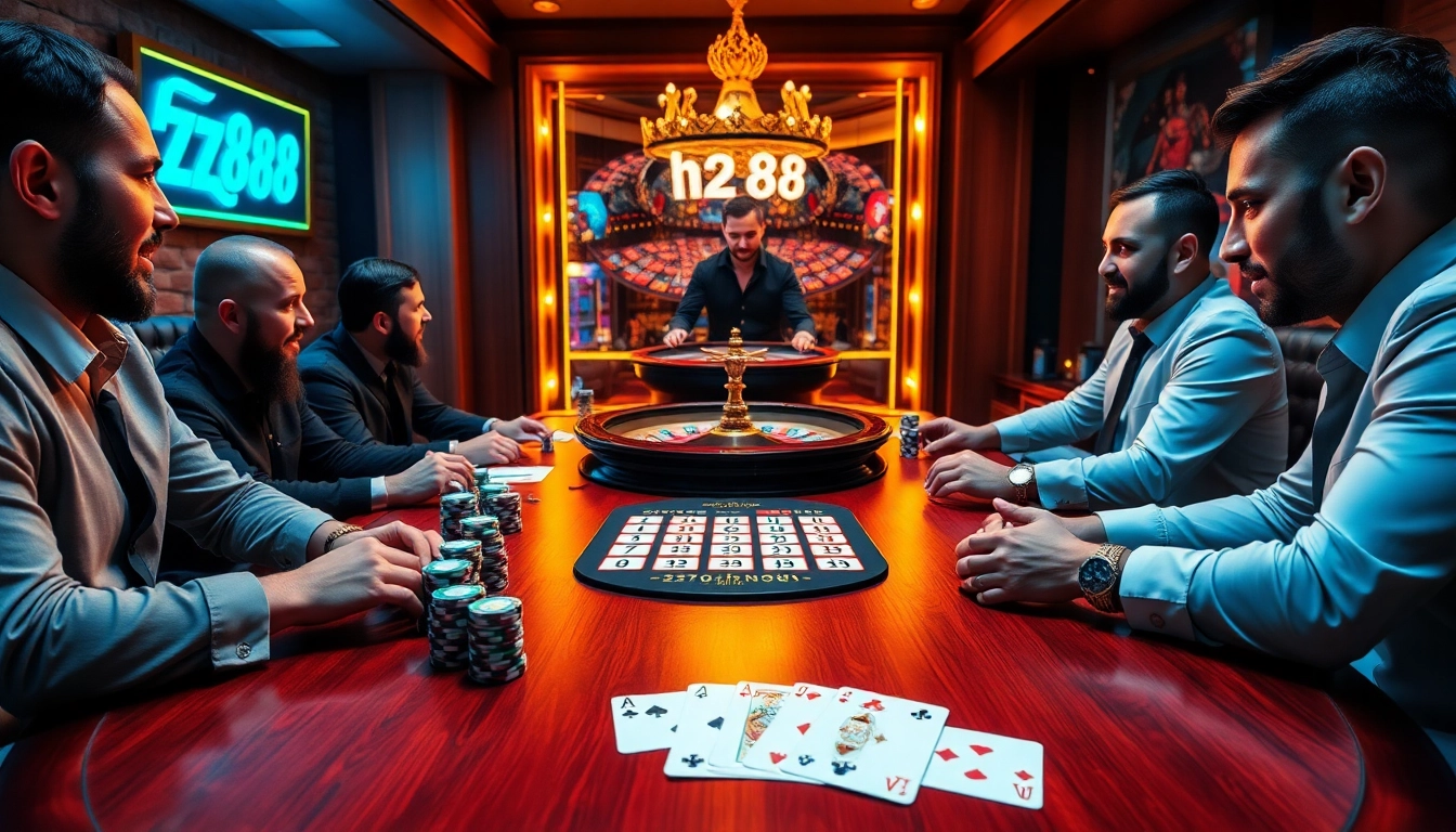 Players engage at a stunning hz88 poker table amidst an exciting casino atmosphere.