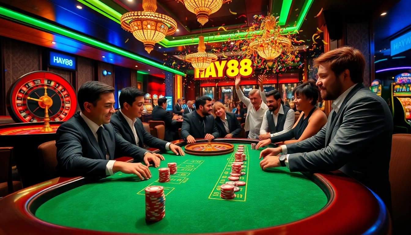 Experience the thrill of winning at Hay88 with a bustling casino scene featuring poker and excitement.
