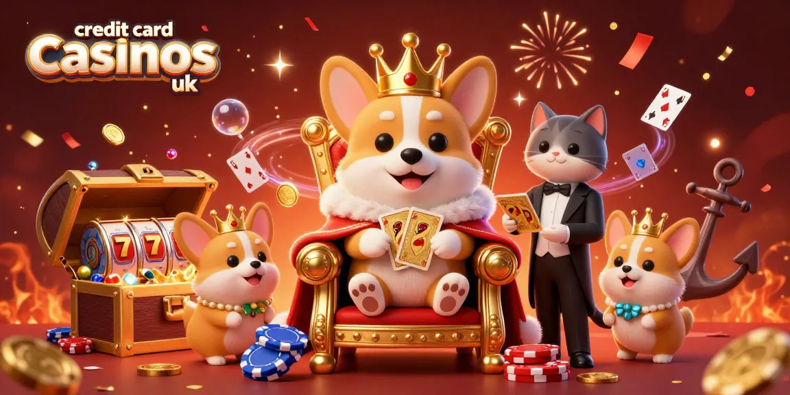 Engage with top credit card casinos UK featuring playful scenes of corgis, poker chips, and magical elements.