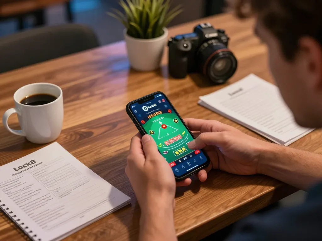 Engaging with the Luck8 app for online blackjack gaming, cozy atmosphere.