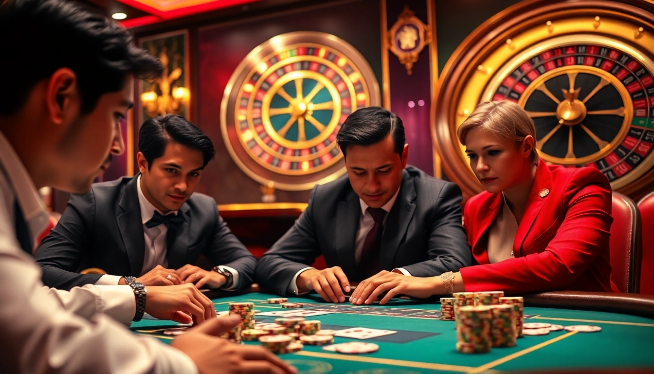Players engaging in a high-stakes poker game at Daga, surrounded by luxurious casino visuals and vibrant atmosphere.