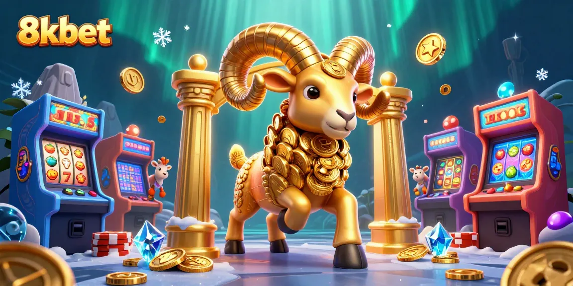 Engage in gaming as 8xbet presents a dynamic scene featuring a golden ram amidst vibrant slots and arcade machines.