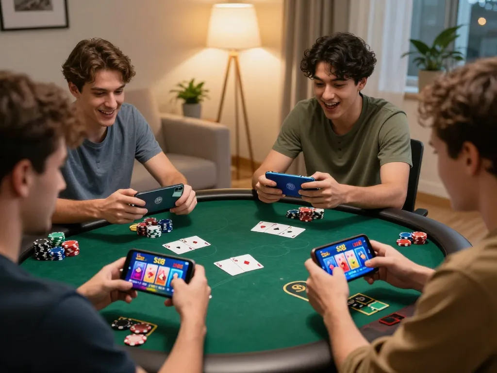 Players enjoying the SC88 Link mobile casino app while engaging in poker at home, showcasing excitement and strategy.
