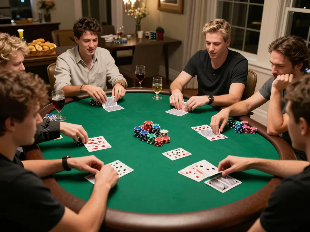 Friends enjoying an exciting poker game at home, showcasing strategy and social fun while using 28bet8.