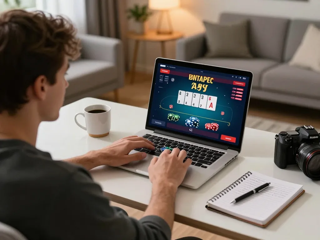 Player engaging in max88 poker game online at home, showcasing strategies and gameplay in a cozy environment.