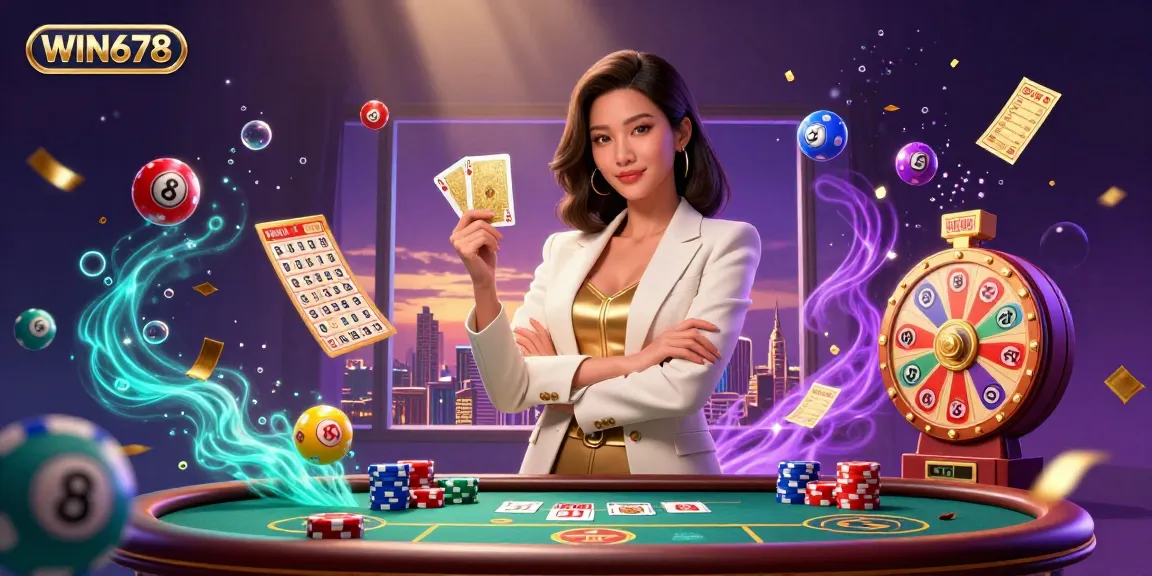Experience the excitement of WIN678 with a glamorous illustration showcasing dynamic gambling elements and a powerful character.
