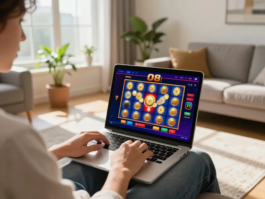 Player enjoying O8 online casino gaming on a laptop with colorful slot win display