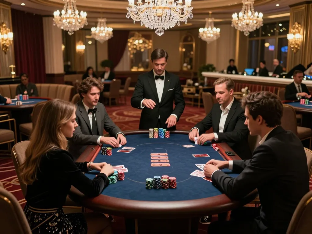 Pemain yang terlibat dalam permainan poker bertaruh tinggi di area permainan VIP mewah MejaVIP, dikelilingi oleh dekorasi elegan dan chip yang berwarna-warni.