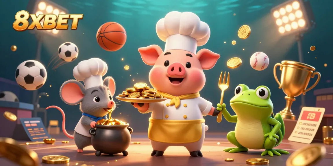 Engage with 8XBET's vibrant gaming atmosphere, featuring a chef pig serving gold coins among dynamic sports elements.