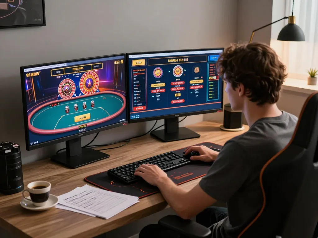 Engaging in online gaming at LV88, showcasing a strategic setup with multiple screens.