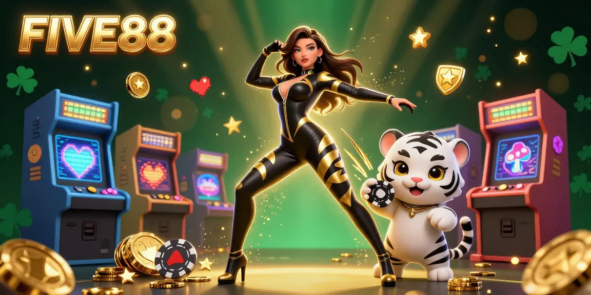 Engage with FIVE88 through an action-packed casino scene featuring a woman in an acrobatic pose, surrounded by vibrant gaming elements.