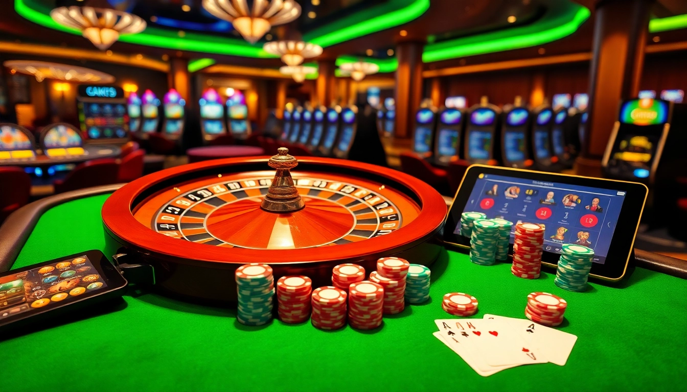 Experience luck8 with vibrant poker chips and roulette wheel in a modern casino setting.
