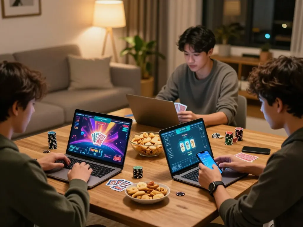 Engaging home scene with players immersed in online poker while using nhà cái CM88 for strategic gameplay.