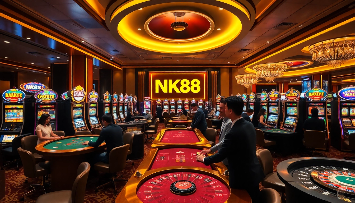 NK88 players enjoying thrilling poker and other casino games in a luxurious setting.