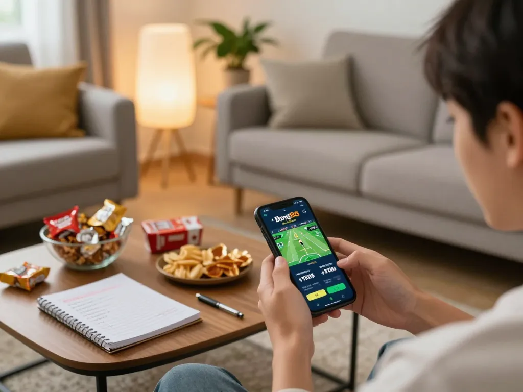 Bong88 app user engaged in sports betting on smartphone in cozy living room.