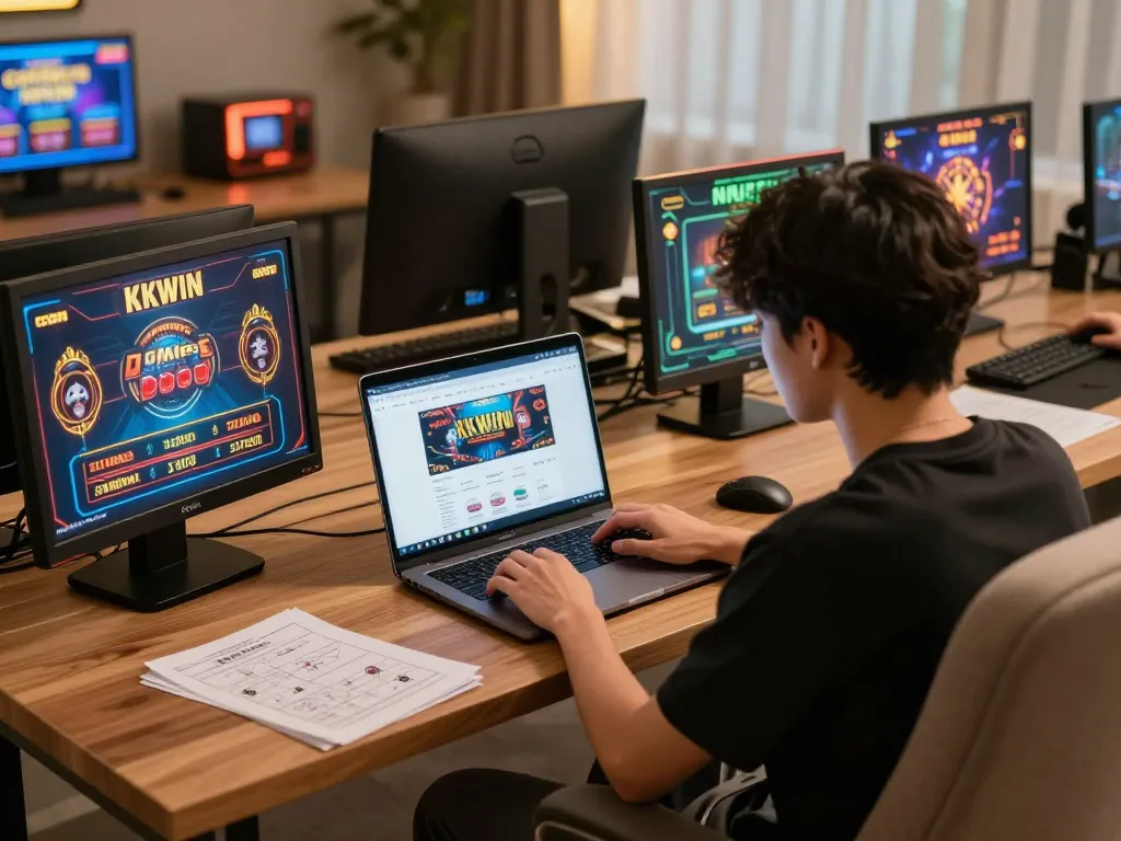 Engaging in strategic online gaming at KKWIN on laptop with casino interface.