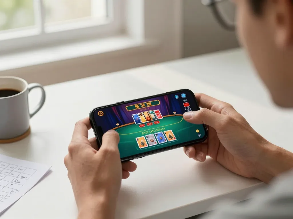 Player enjoying a mobile casino experience with pp9 win, displaying excitement in a cozy home setup.