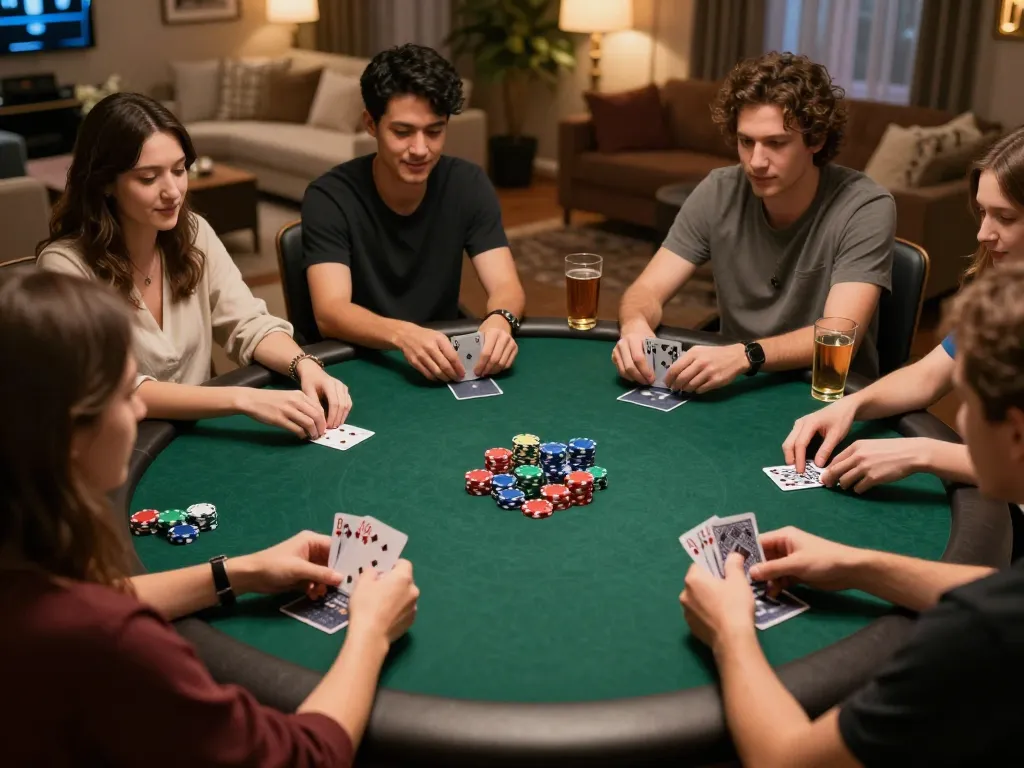 Players enjoying a friendly poker game at home, strategizing while showcasing 789win excitement.