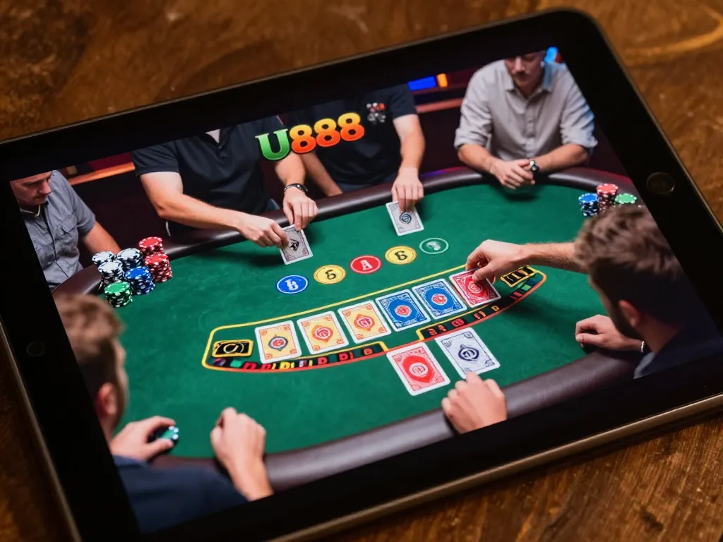 Players enjoy Blackjack at U888 casino app, showcasing strategic gameplay with vibrant graphics.
