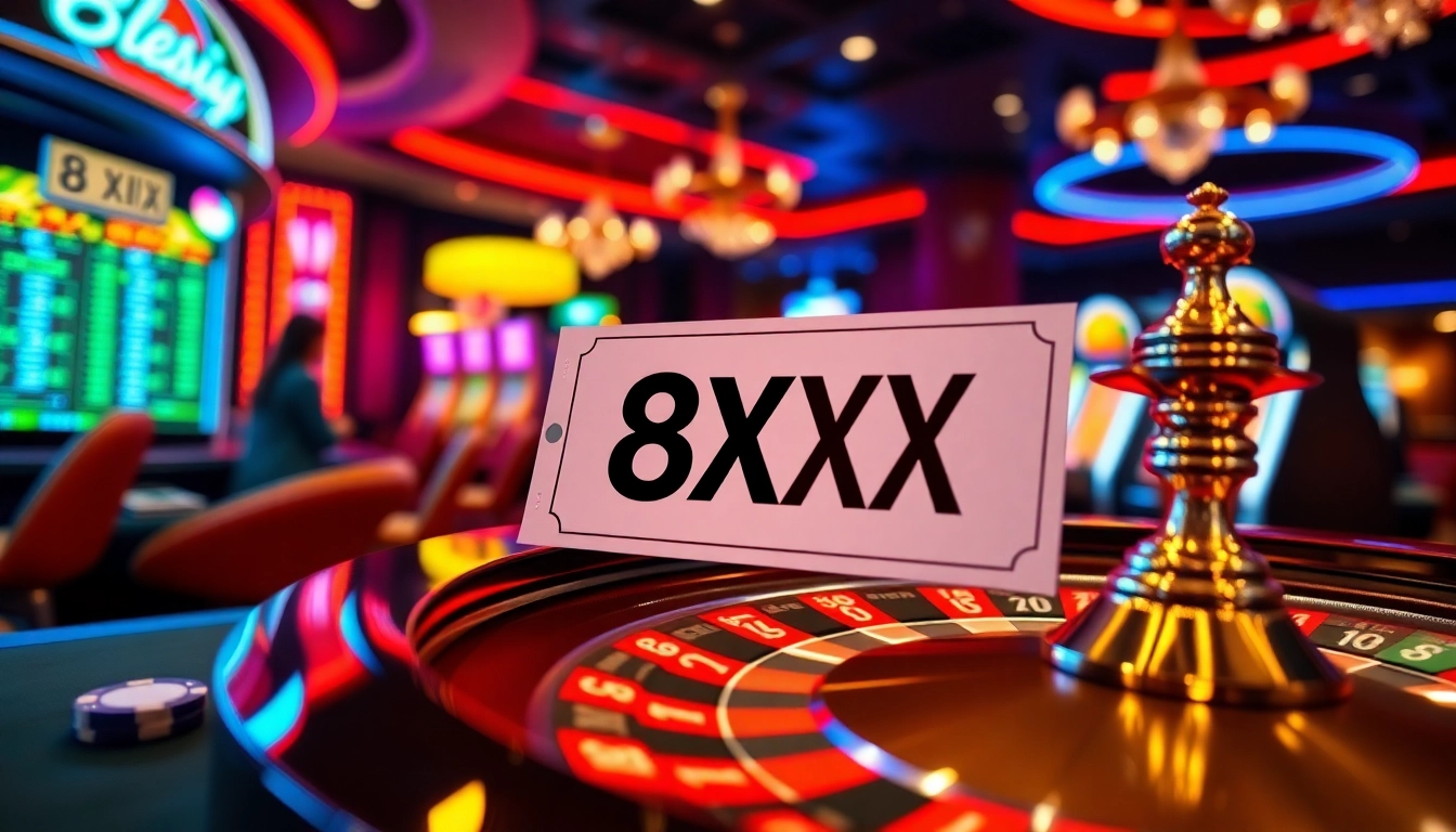 Engaging online gambling experience at 8XX showcasing betting slip, poker chips, and roulette.
