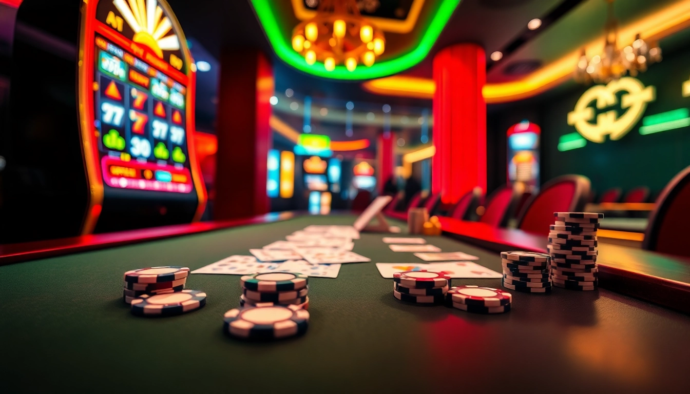 Dynamic online casino scene with poker chips and a slot machine at https://789wincomm.com/ highlighting excitement.