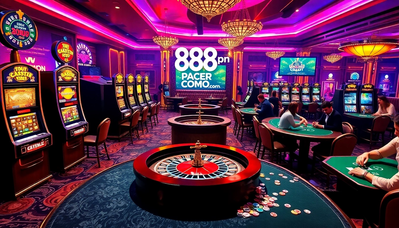 Exciting casino gaming atmosphere with slot machines and poker at 888P COM.