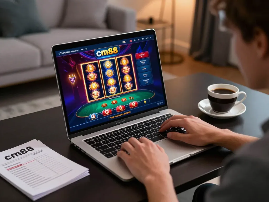 Engaged player enjoying cm88 online casino gaming on laptop while reviewing strategy notes.