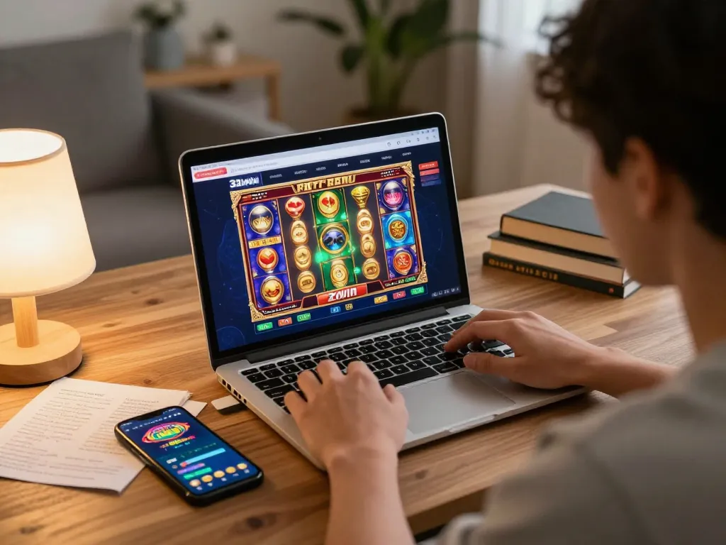 Player enjoying games on 32win's online casino in a cozy home setting, engaging in responsible gaming.