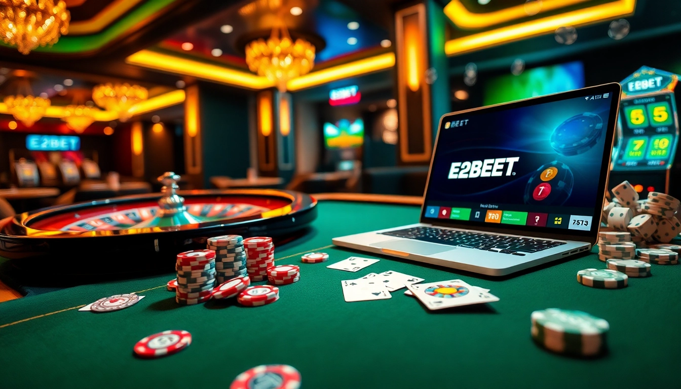 Experience the thrill of E2BET with engaging casino scenes featuring poker chips, roulette wheels, and vibrant online betting interfaces.