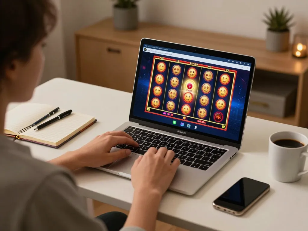 Player engaging with WinBD online gambling app on laptop, showcasing vibrant slot game interface.