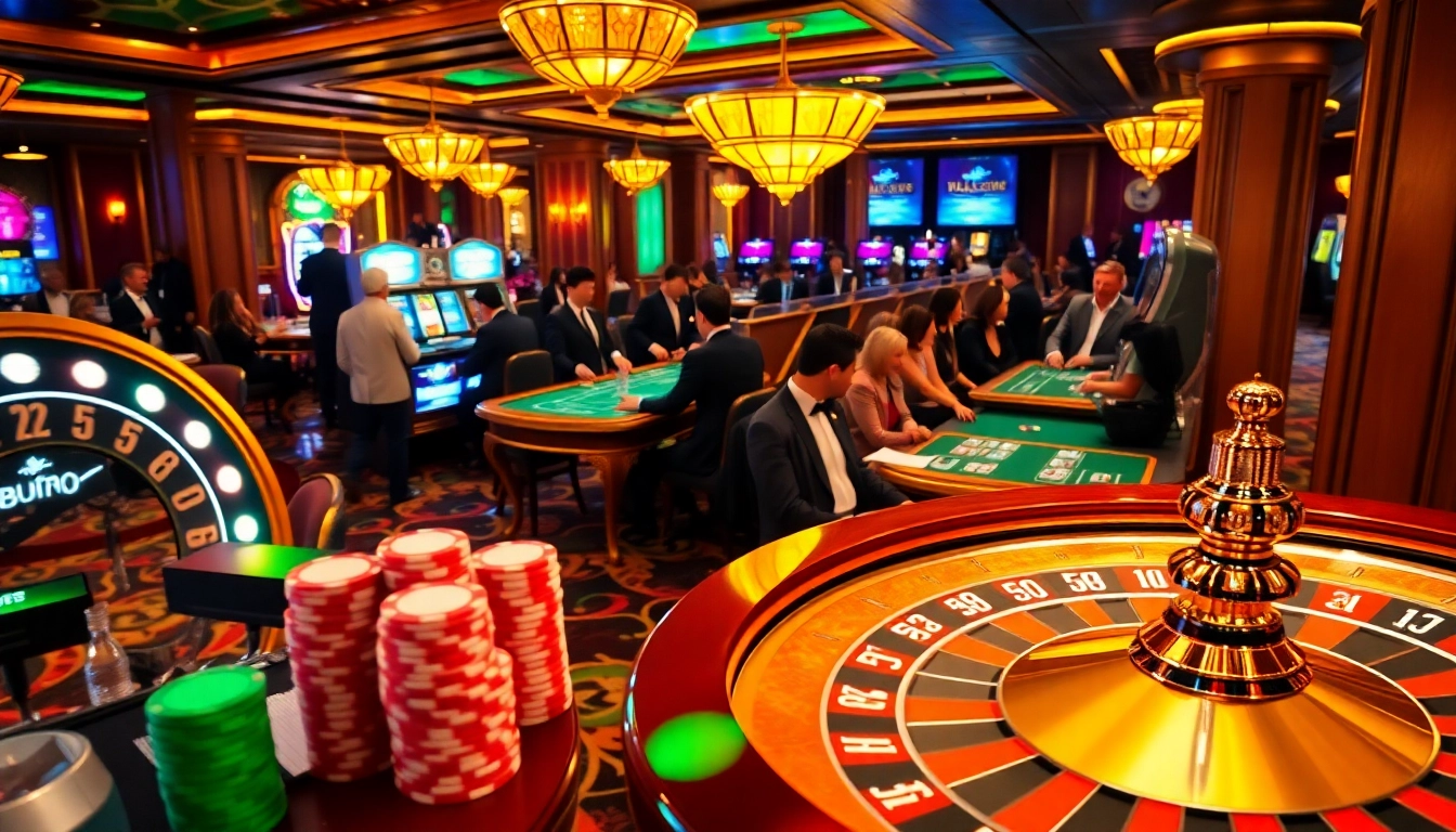 Gambling excitement with BDTK66 displayed at a lively casino featuring roulette and poker.