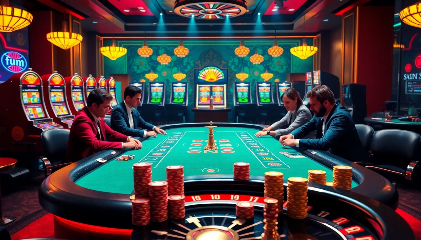 Experience fun79 with a vibrant casino table showcasing intense poker gameplay and luxurious gambling elements.