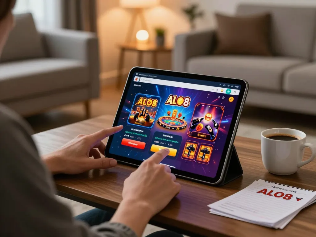 Player enjoying the ALO8 gaming app on a tablet in a stylish modern living room setting